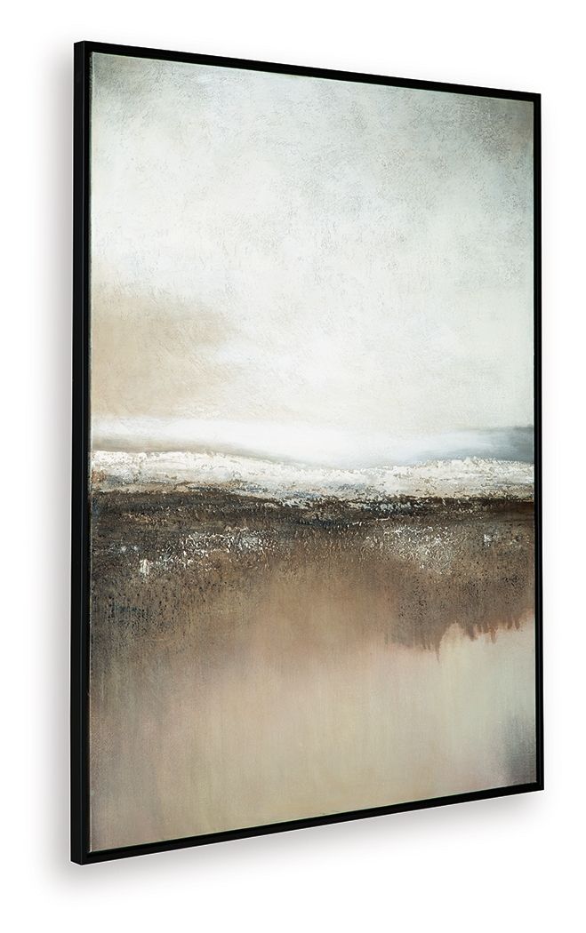 Abstract wall art with misty gray and beige horizon bands in a black frame