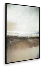 Abstract wall art with misty gray and beige horizon bands in a black frame