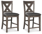 Gray upholstered barstool set of 2 with X-back and round padded seat