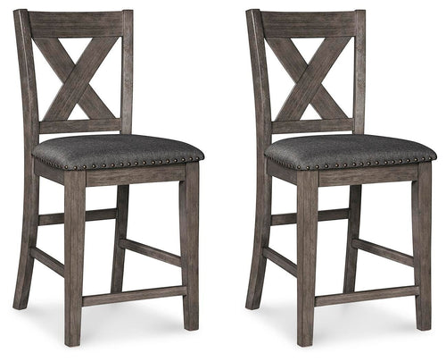 Gray upholstered barstool set of 2 with X-back and round padded seat