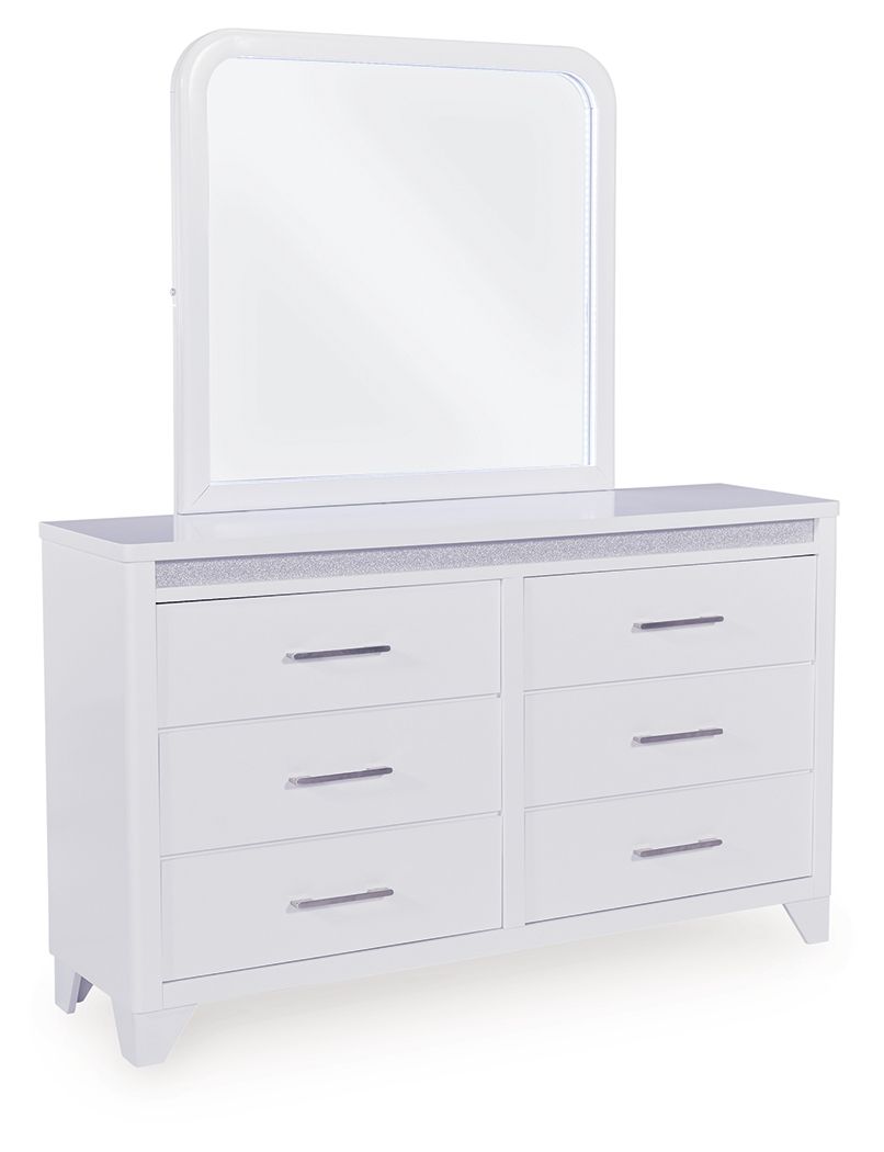 White dresser with attached arched mirror and three drawer rows, bar handles