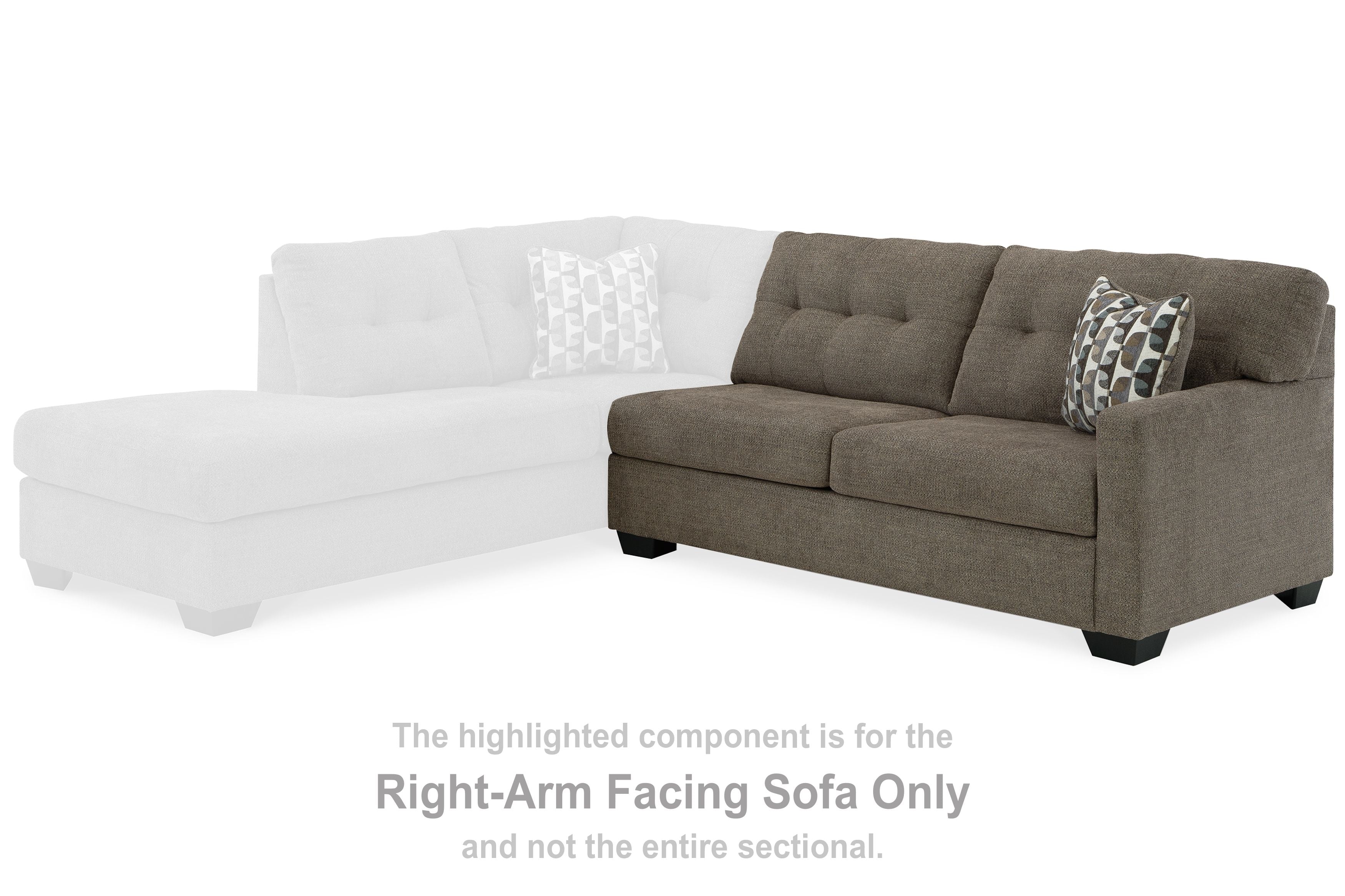 Right-arm facing sofa with tufted back, dark brown fabric, and patterned throw pillow