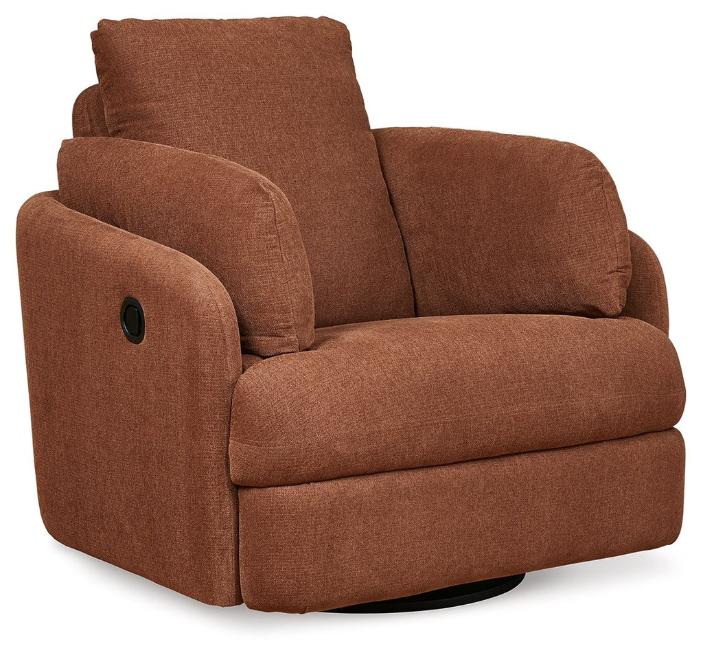 Spice brown fabric swivel glider recliner, padded headrest and arms