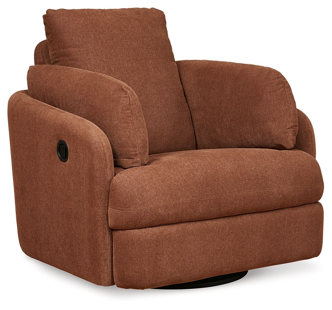 Spice brown fabric swivel glider recliner, padded headrest and arms