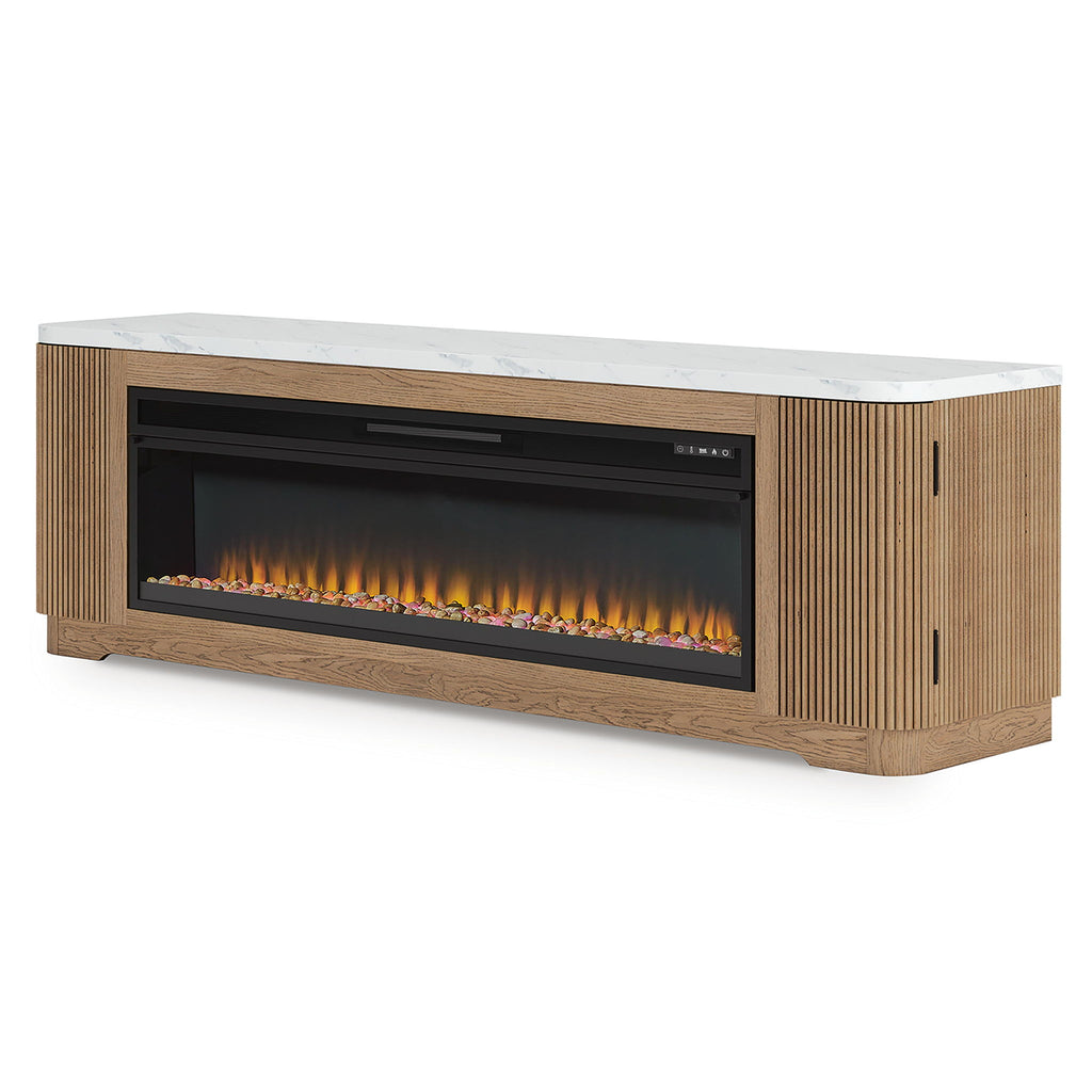 Light brown TV stand with electric fireplace, illuminated flame effect behind black glass
