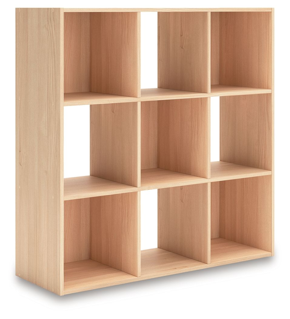Piperton cube organizer in beige wood with 9 open cube compartments.