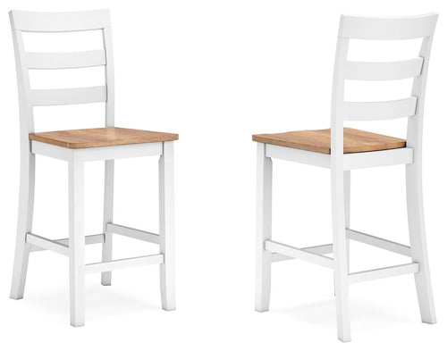 White barstool set of 2 with slatted backrest and square wooden seat