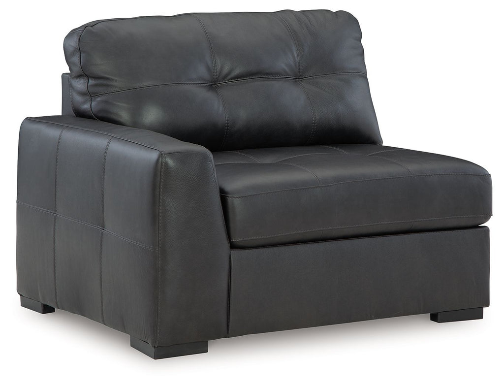 Gray leather corner chair with tufted back and wide arm, block feet
