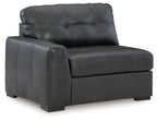 Gray leather corner chair with tufted back and wide arm, block feet