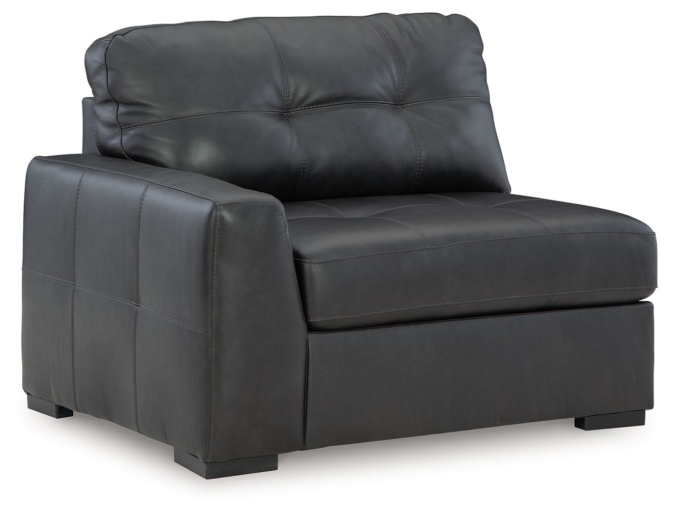 Gray leather corner chair with tufted back and wide arm, block feet