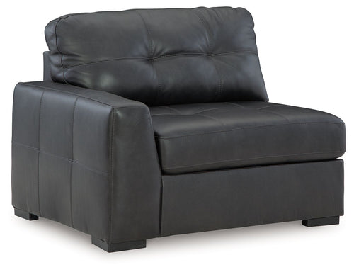 Gray leather corner chair with tufted back and wide arm, block feet