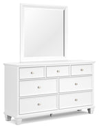 White dresser with rectangular mirror and six drawers, brushed metal knobs.