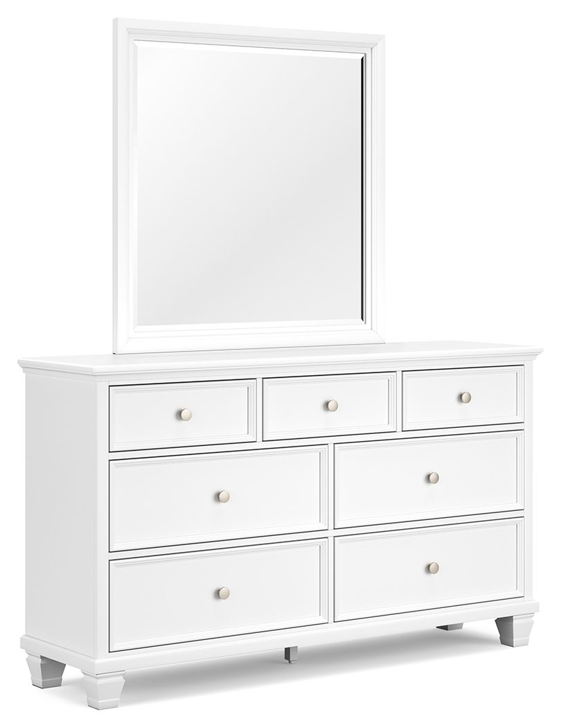White dresser with rectangular mirror and six drawers, brushed metal knobs.