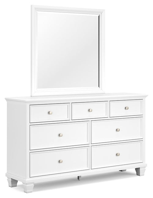 White dresser with rectangular mirror and six drawers, brushed metal knobs.