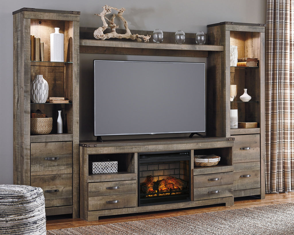 Dark brown entertainment center with TV opening, shelving, drawers, and fireplace insert