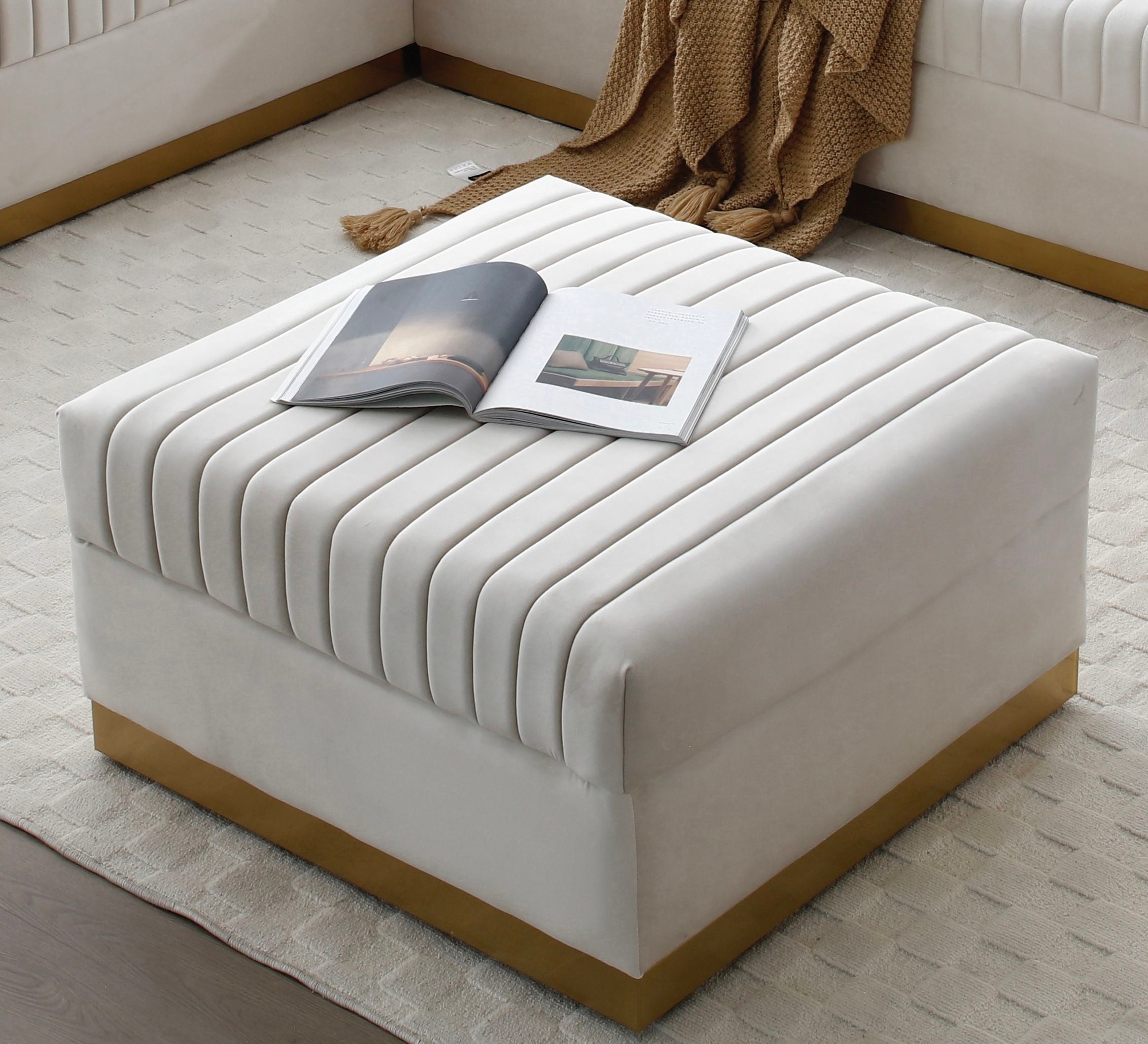 Contemporary Vertical Channel Tufted Velvet Big Size Ottoman Modern Upholstered Foot Rest For Living Room Apartment, Beige