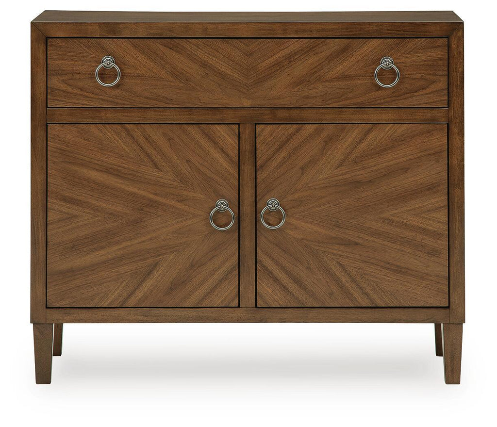 Medium brown accent cabinet with two doors, one drawer, and arched metal knob pulls
