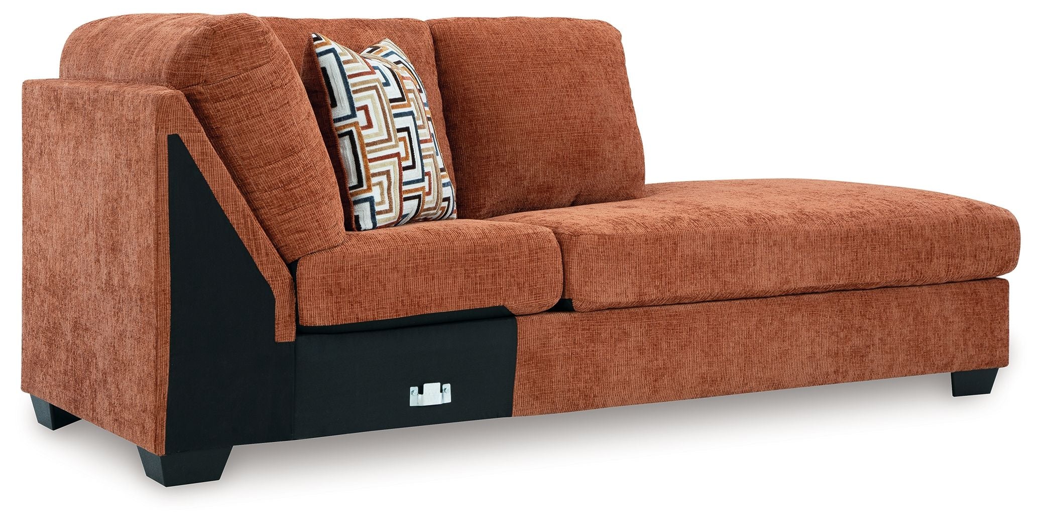 Spice orange-brown chaise with padded backrest, side console, and patterned throw pillow