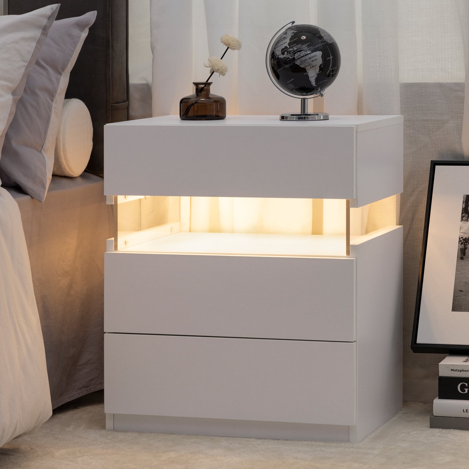 LED Nightstand 3-Drawer Dresser, Acrylic Board Bedroom End Table, White