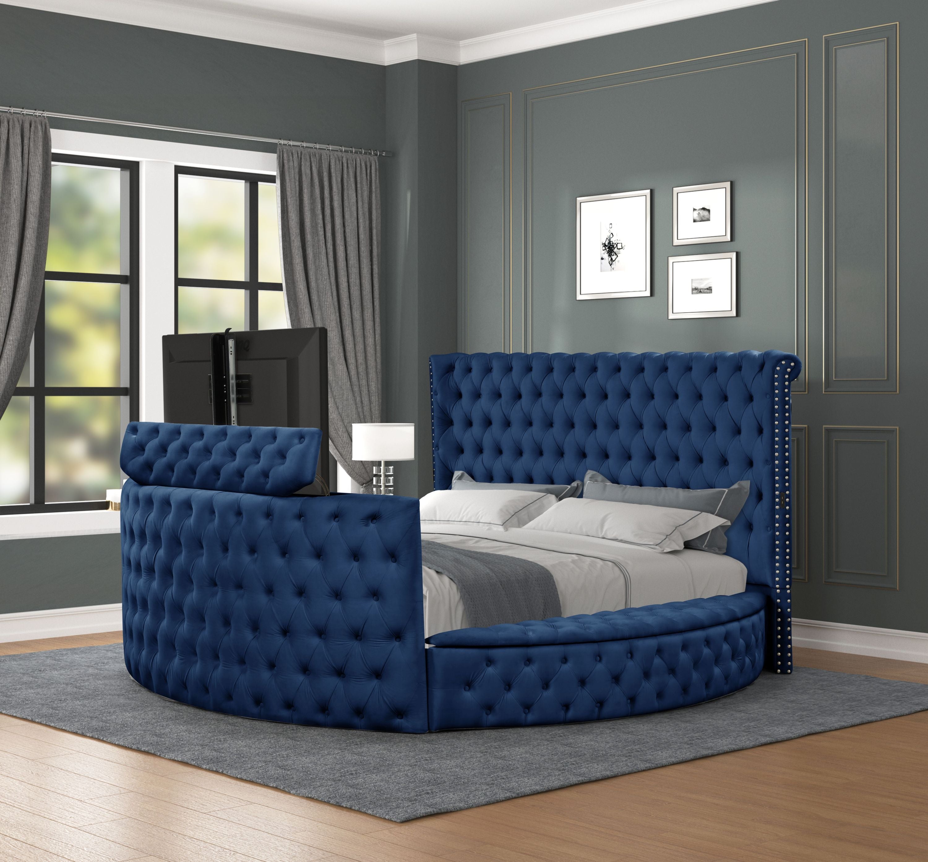 Modern Blue Queen Bed: Crystal Tufted Wood Frame
