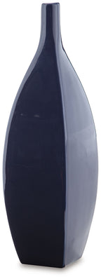 Tall blue ceramic vase with glossy gradient finish and slim neck