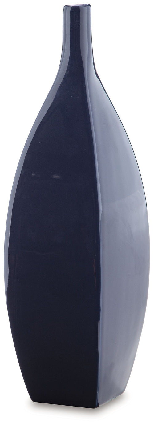 Tall blue ceramic vase with glossy gradient finish and slim neck