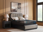 Hybrid 16-inch mattress with black base, grey quilted top, teal trim lines
