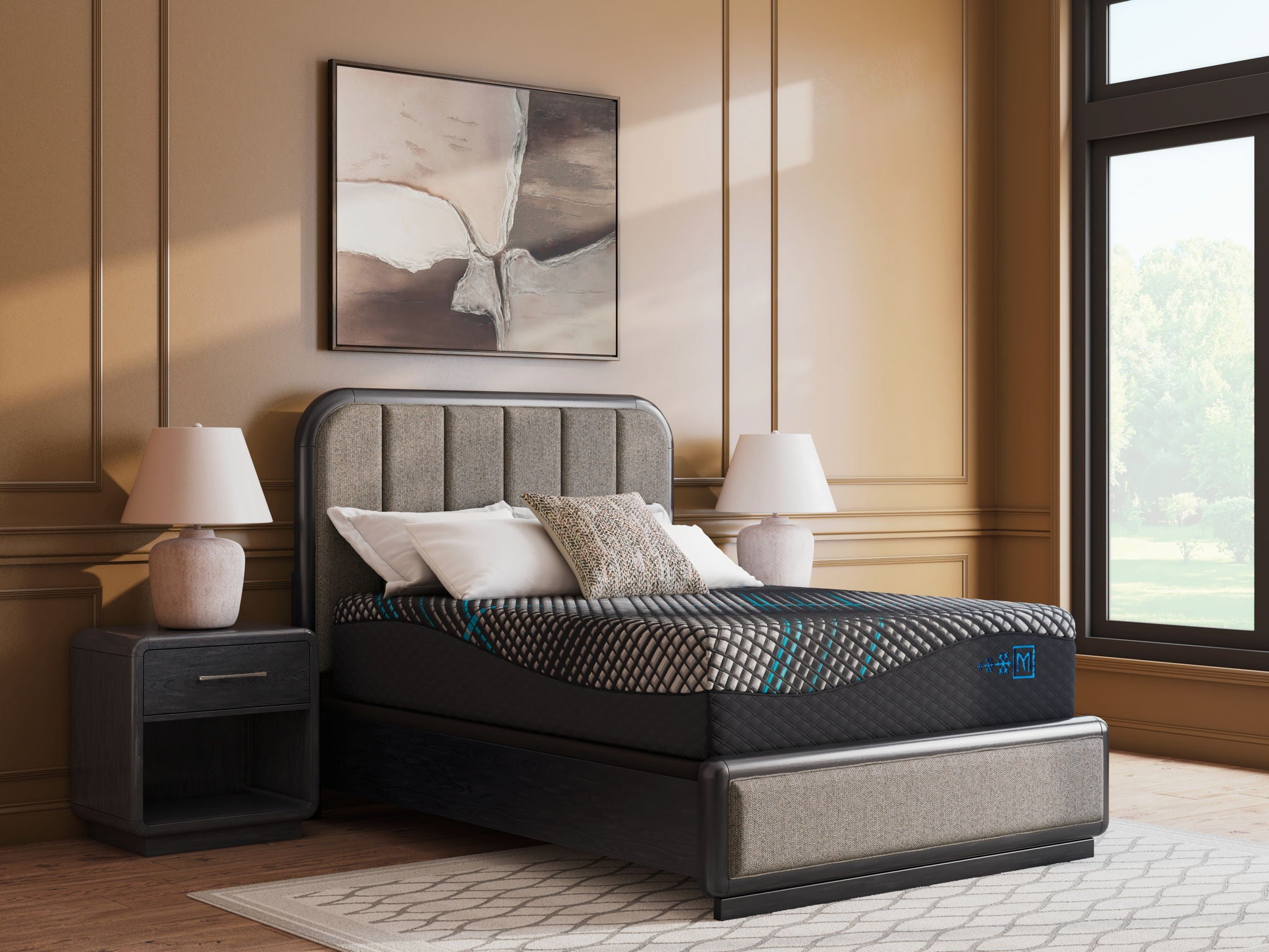 Hybrid 16-inch mattress with black base, grey quilted top, teal trim lines