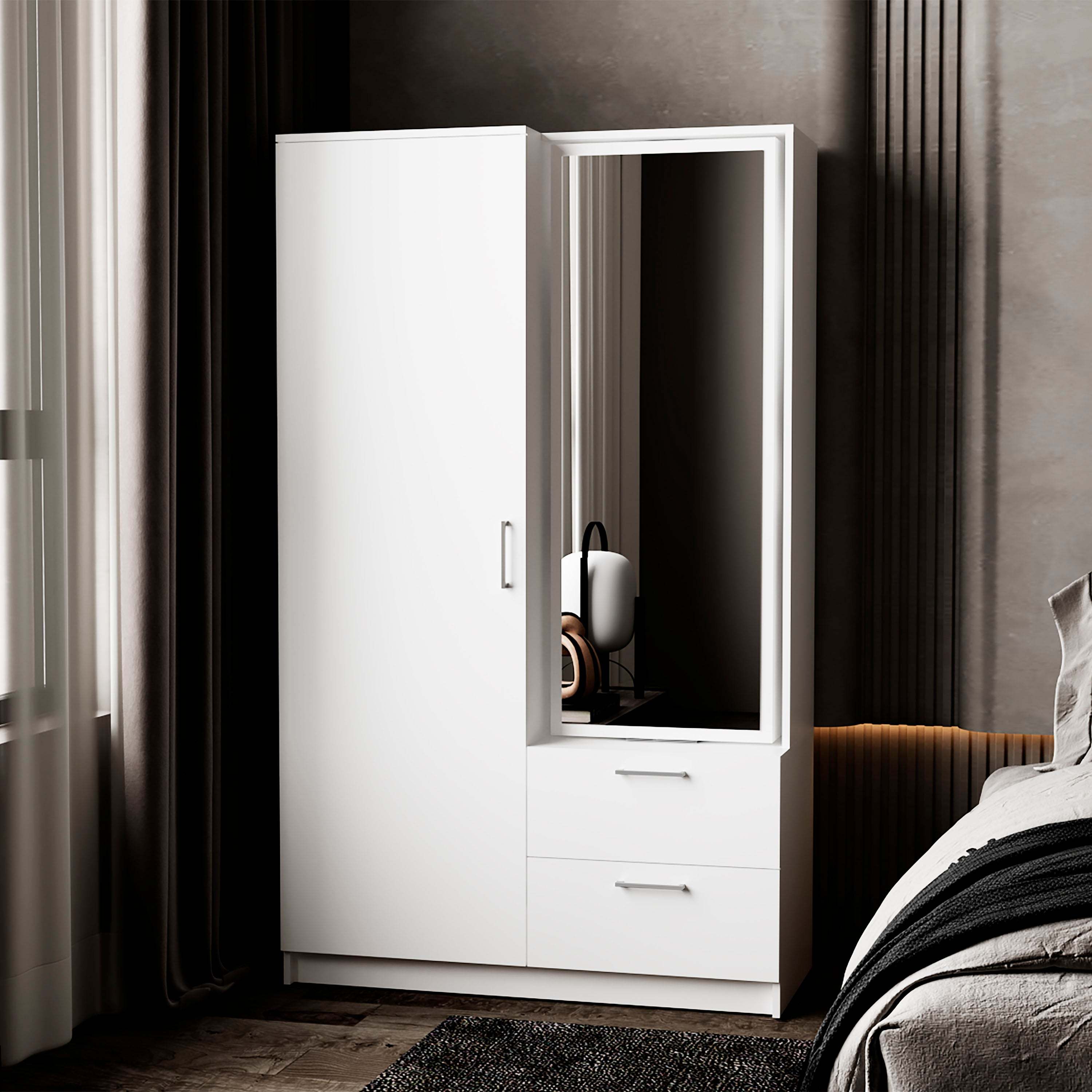 White Armoire Wardrobe: Open Storage & 2 Drawers