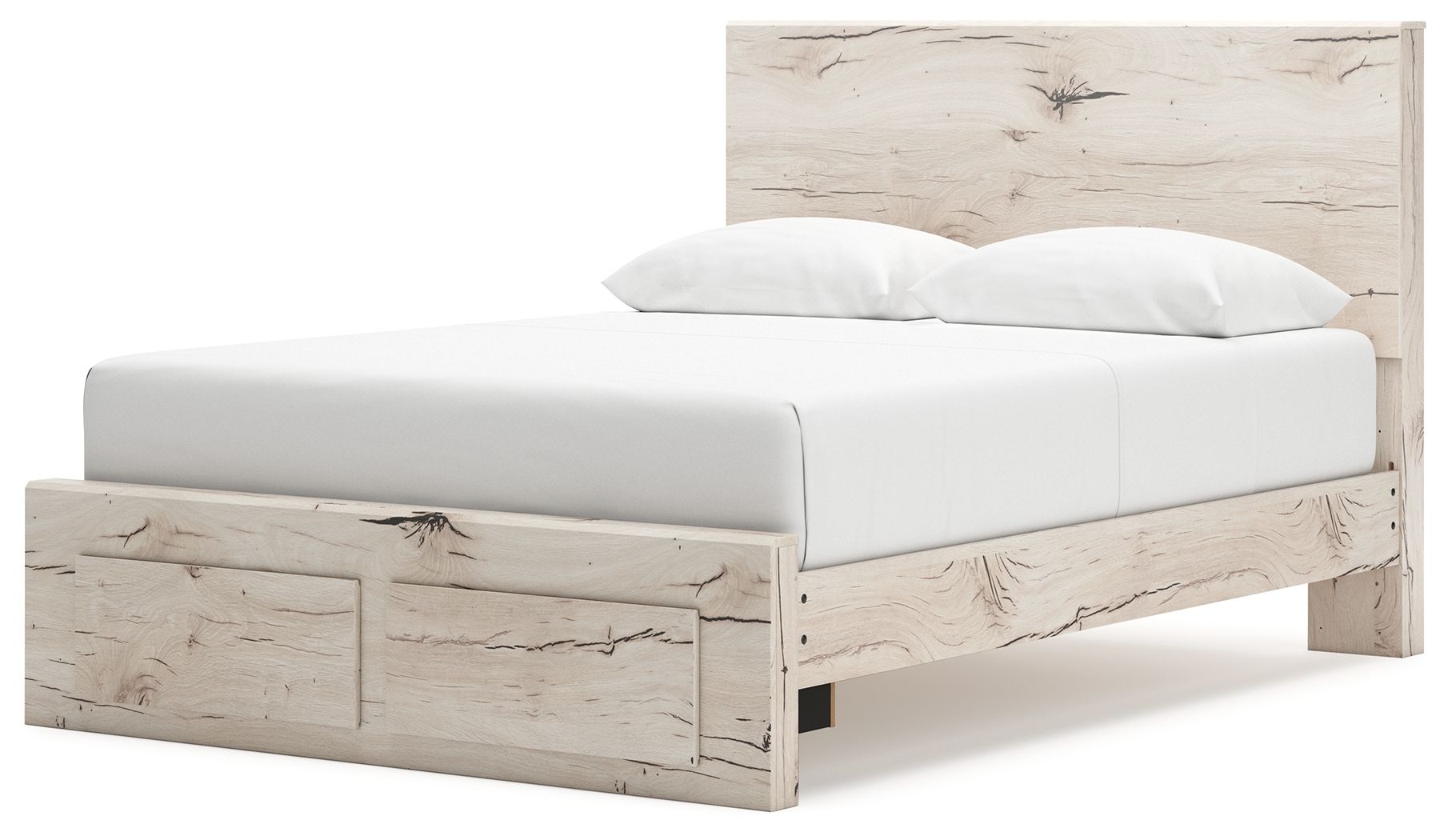 Beige panel bed with side storage drawers under the platform and low headboard