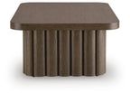 Dark brown oval side table with wood grain top and ribbed pedestal base