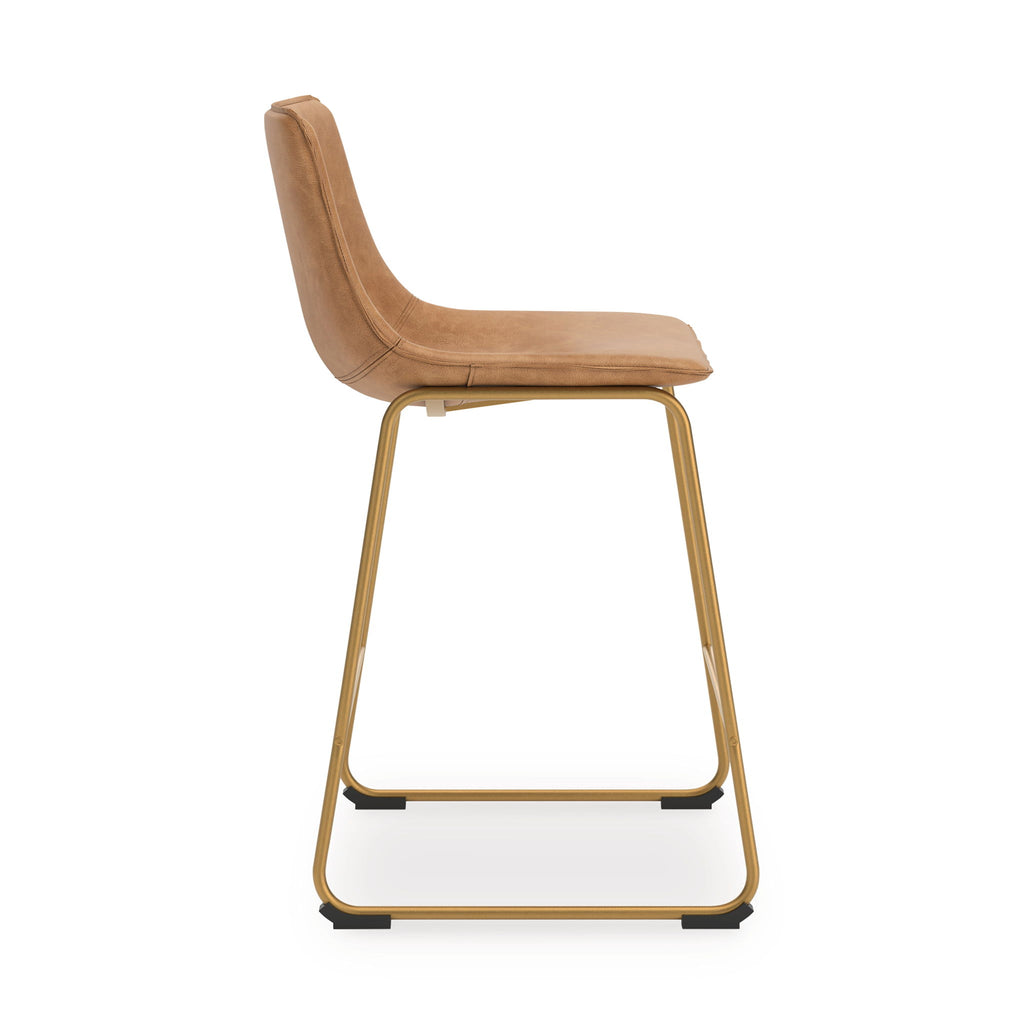 Upholstered barstool with light brown seat and back, gold-tone frame, footrest