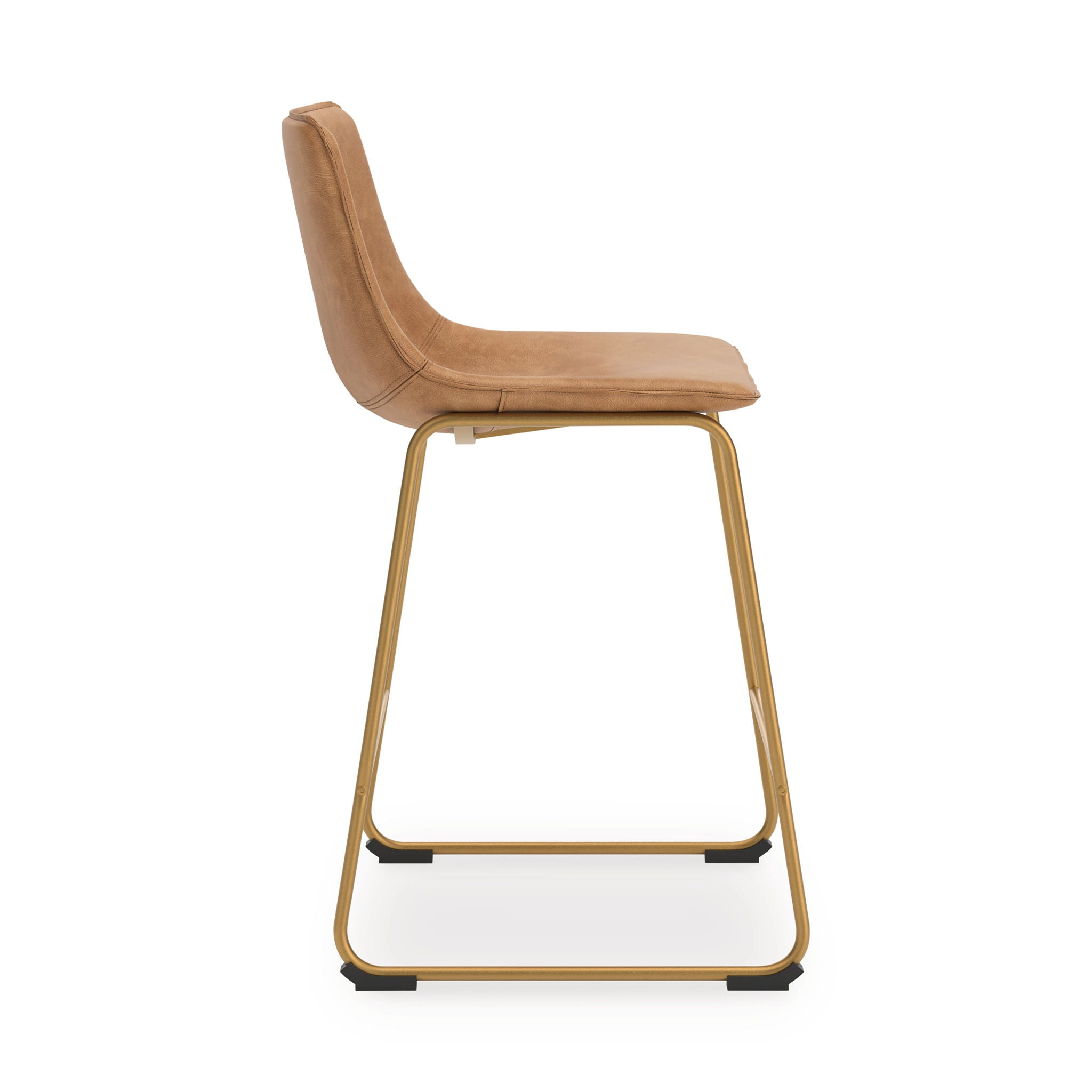 Upholstered barstool with light brown seat and back, gold-tone frame, footrest