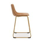 Tall upholstered barstool, tan seat and back, gold metal base with black foot pads.