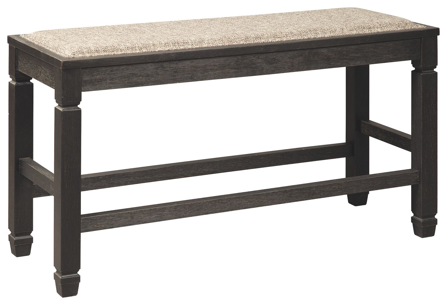 Antique black upholstered bench with light textured fabric top and two support rails