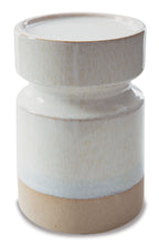 Ivory candle holder cylinder with speckled texture and light gray-blue band