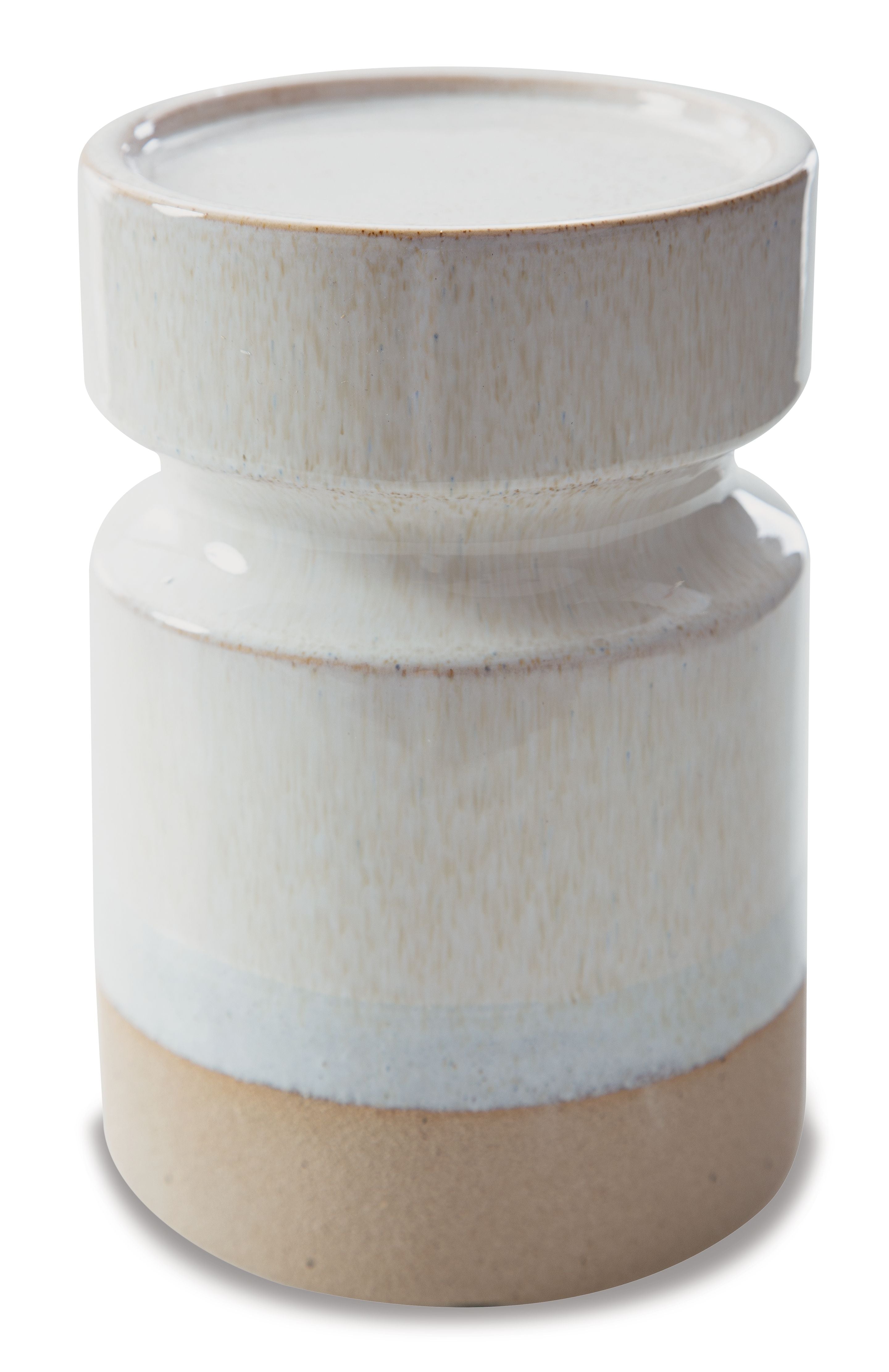 Ivory candle holder cylinder with speckled texture and light gray-blue band