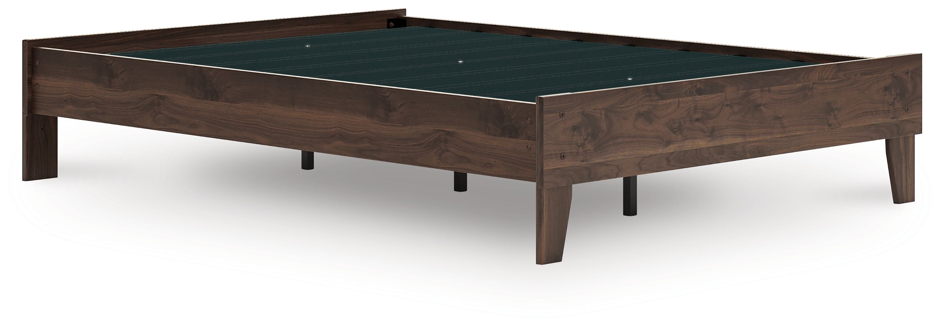 Platform bed with light brown wood frame and dark green inset panel