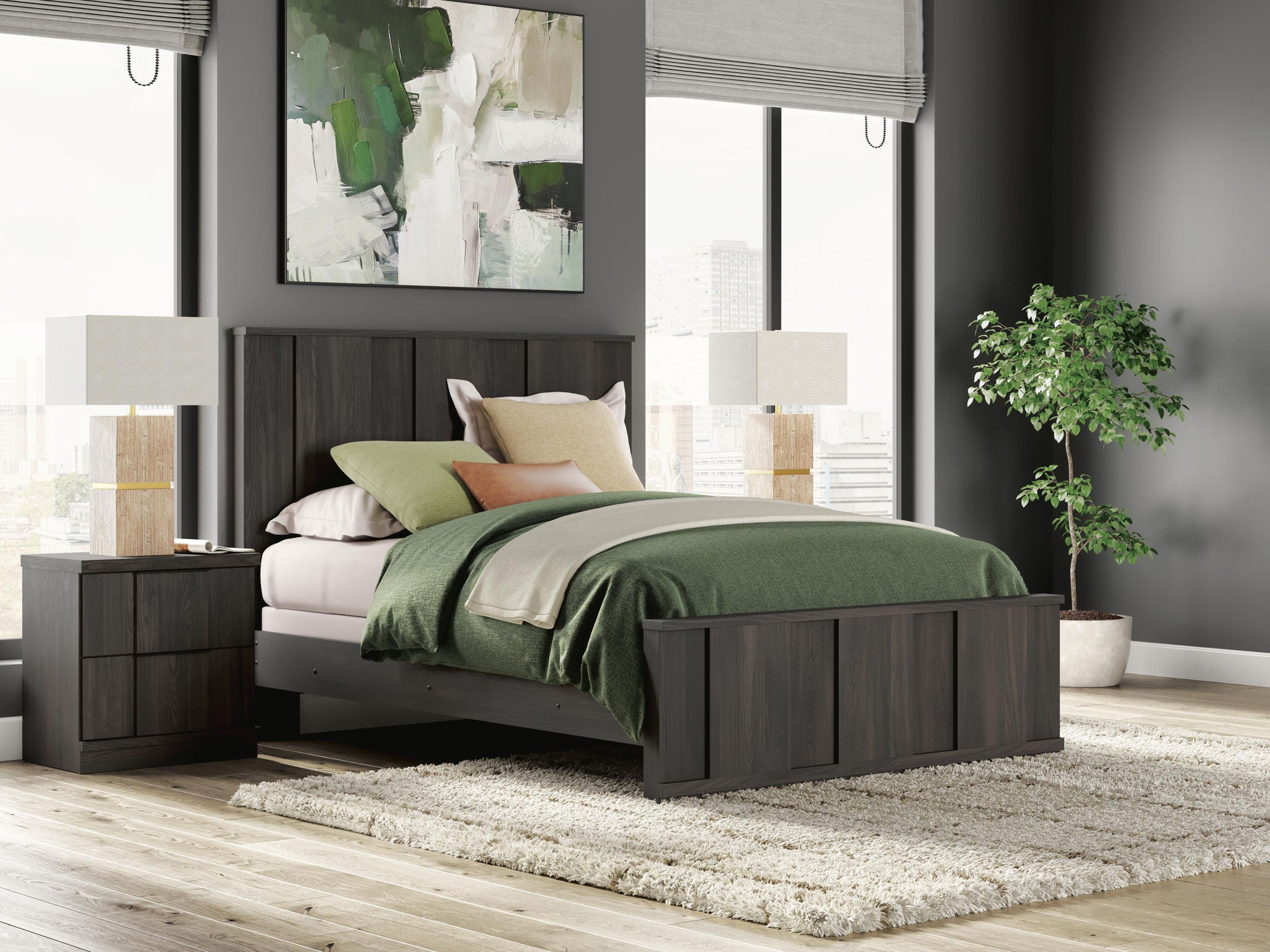 Dark brown panel bed with tall headboard and slatted side rails, shown with bedding