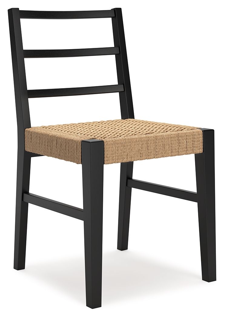 Dining room side chair with black back frame and light brown woven seat cushion