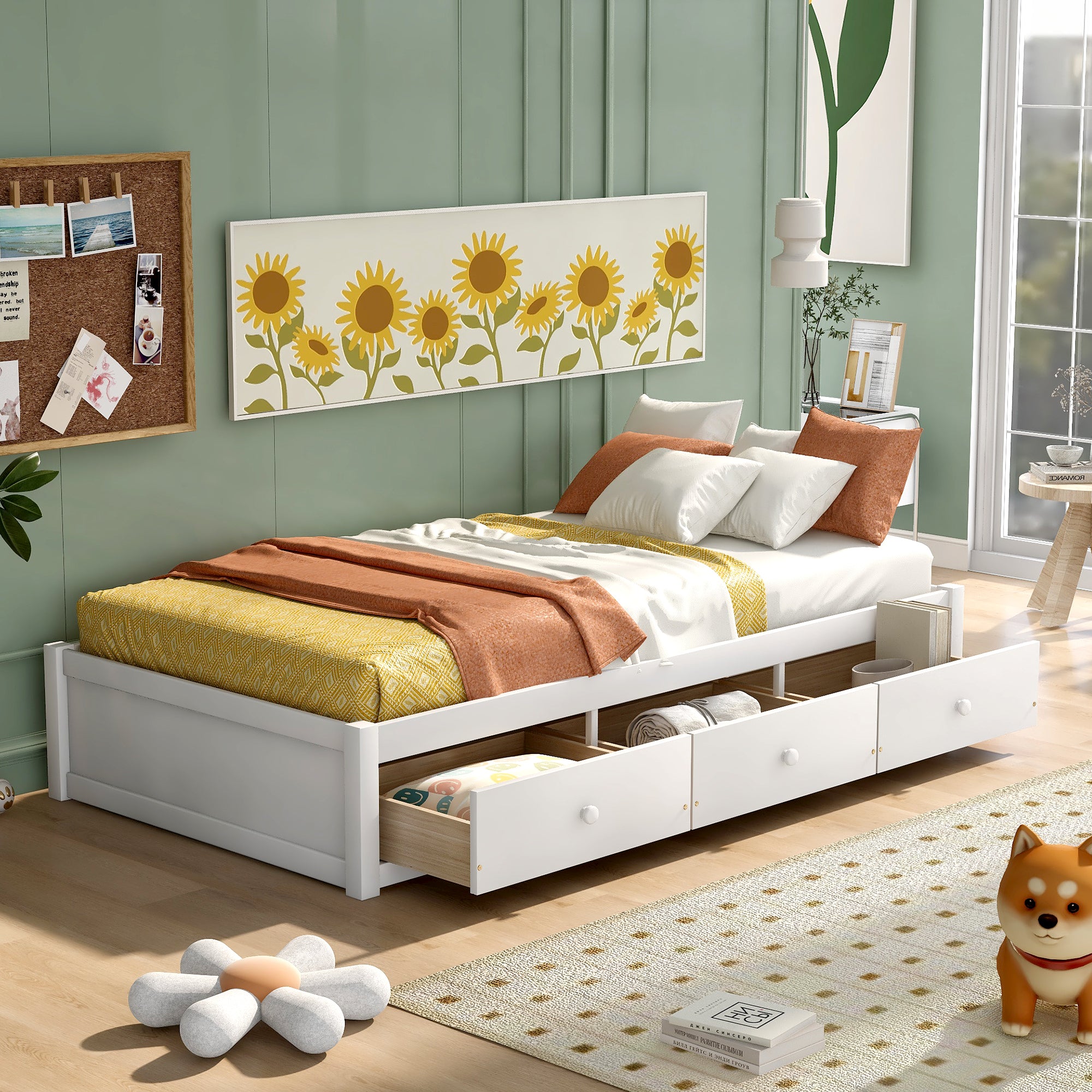 Twin Platform Bed w/ 3 Drawers - White