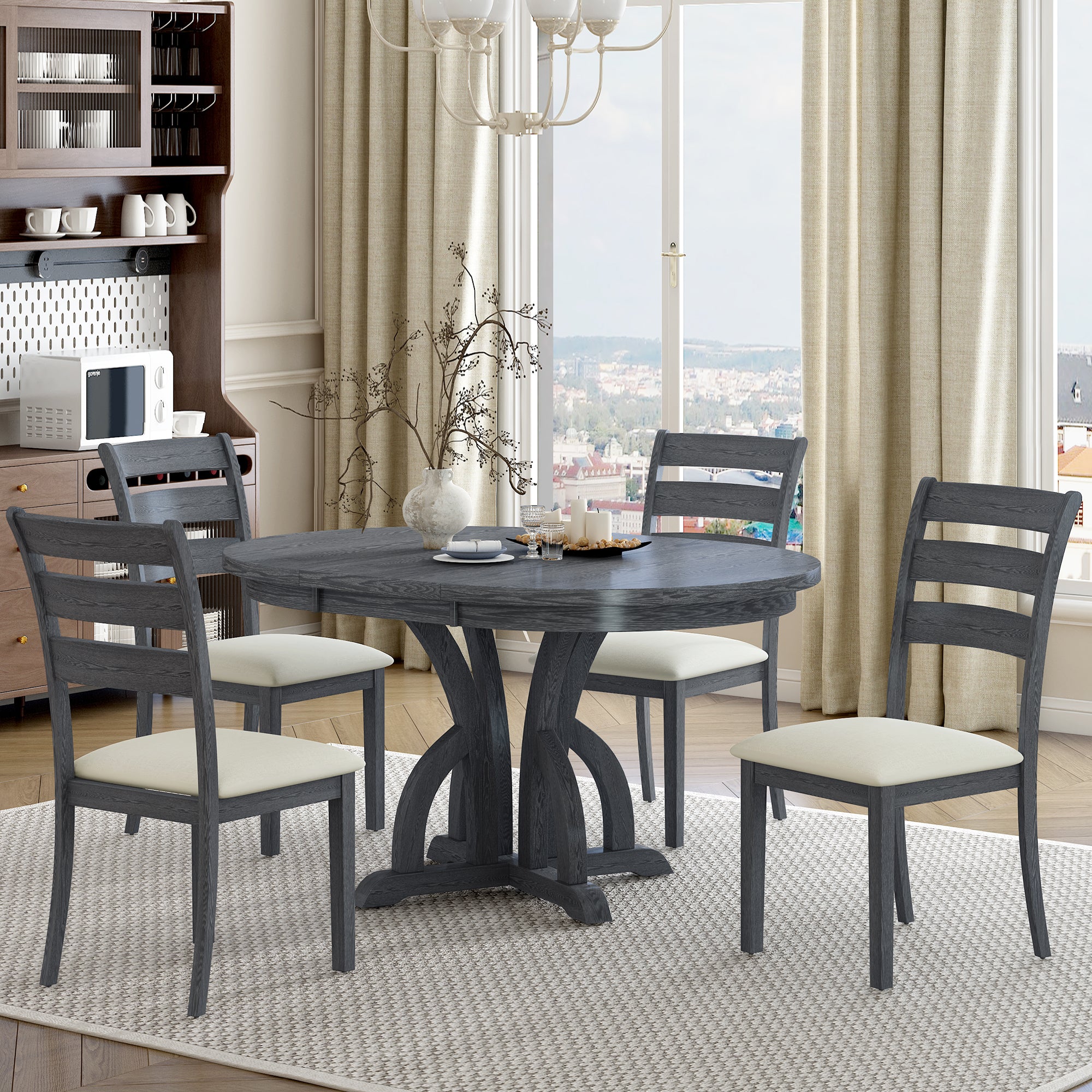 5-Piece Farmhouse Round Dining Table Set (Black)