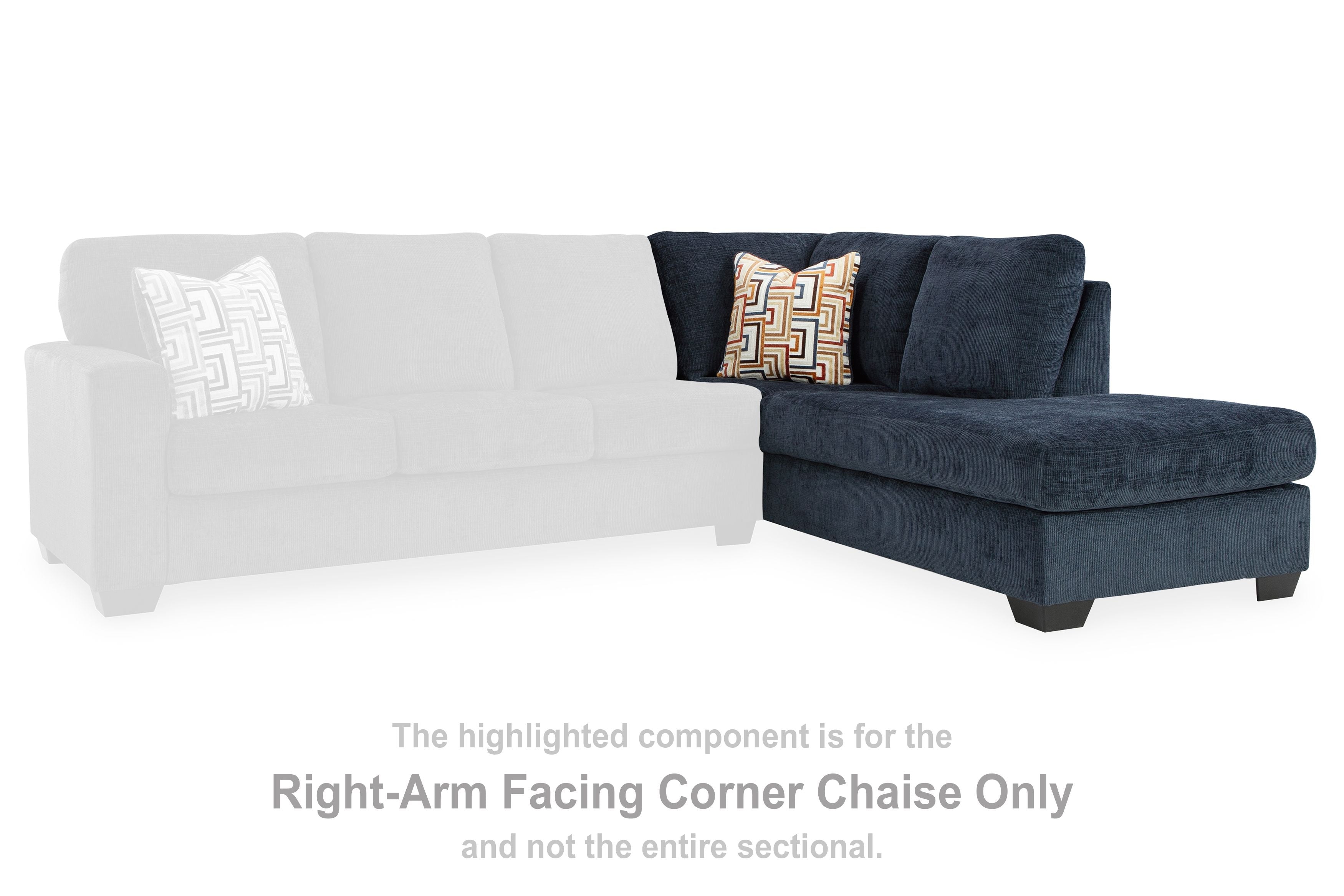 Ink blue right-arm facing corner chaise sofa with patterned pillow