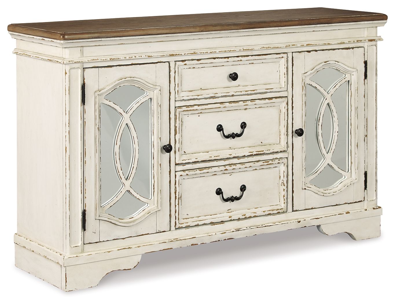 Chipped white dining room server with two glass-paneled doors and three drawers