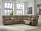 Taupe-brown power reclining sectional sofa with chaise corner and padded armrest controls