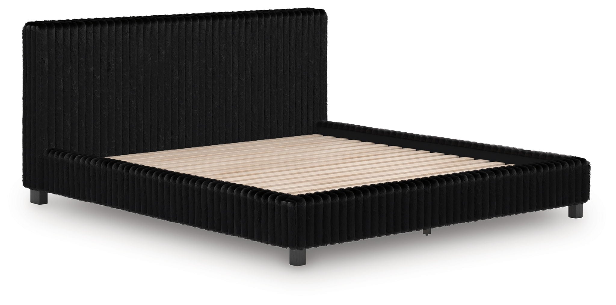 Black upholstered platform bed with tall headboard and beige mattress insert.
