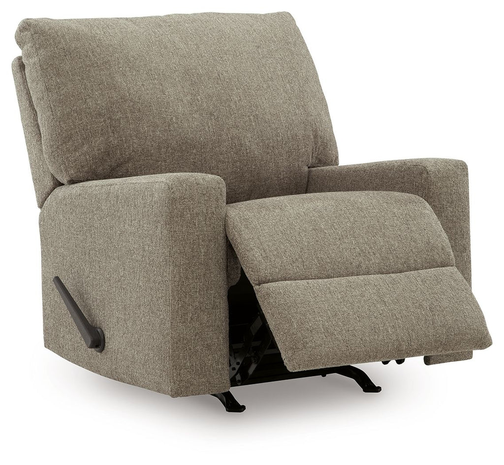 Hemp fabric rocker recliner with extended footrest and side control lever