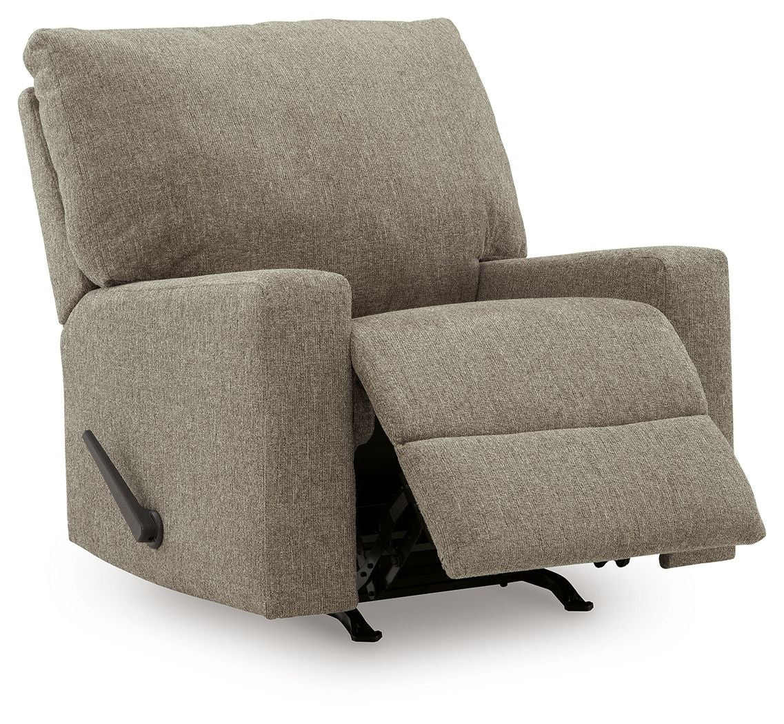 Hemp fabric rocker recliner with extended footrest and side control lever