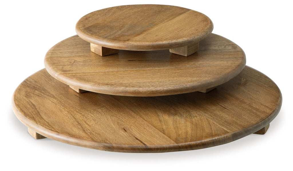 Kaidler brown wooden tray set, three round stacking trays with chunky legs