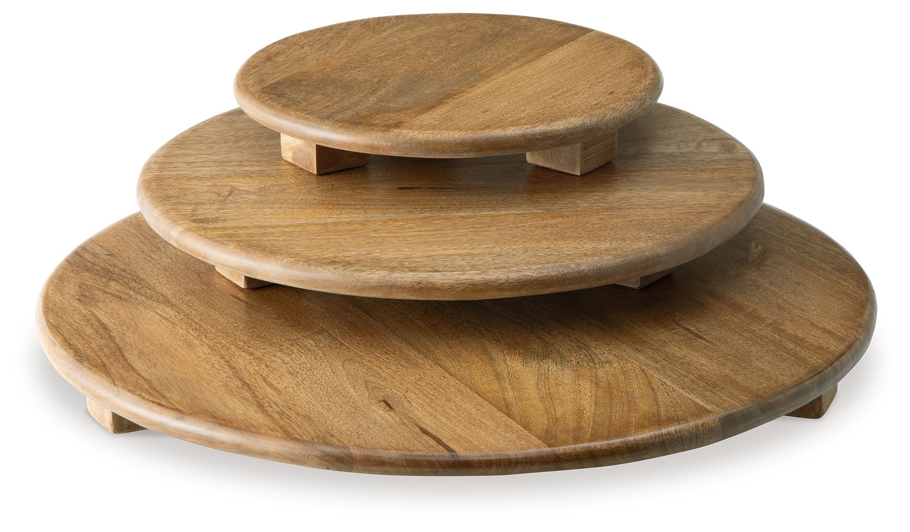 Kaidler brown wooden tray set, three round stacking trays with chunky legs
